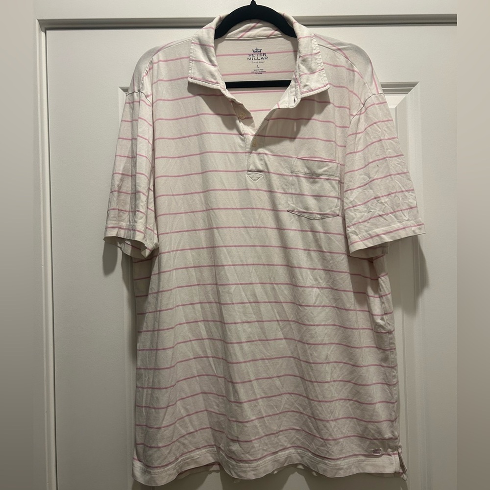 Peter Millar Seaside Wash Polo Golf Shirt Mens Large White Pink Stripe